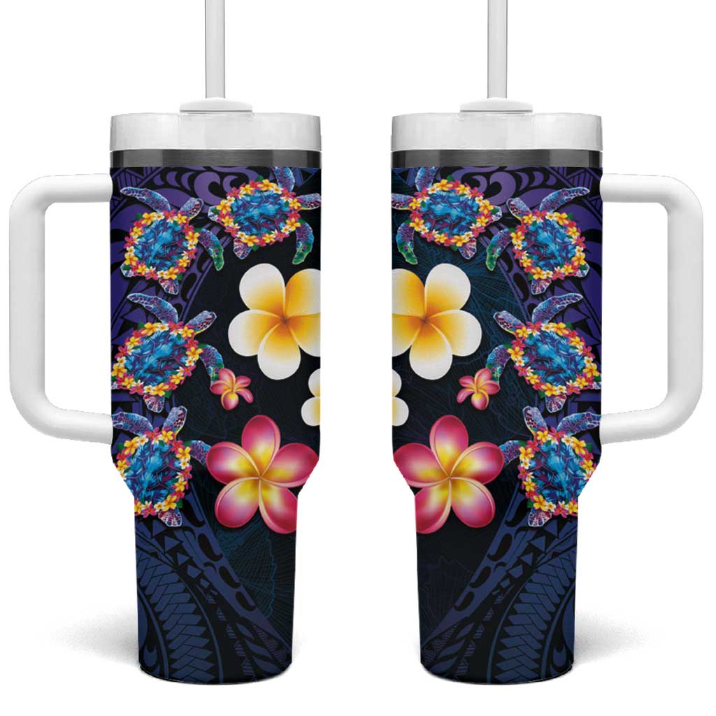 Hawaiian Turtles and Plumeria Polynesian Art Tribal Tattoo Dark Aqua Color Custom Stanley Cup 40 oz 30 oz Tumbler With HandleTVC2301348