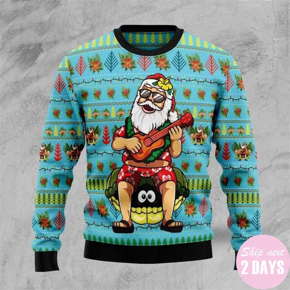 Hawaiian Xmas Santa Playing Ukulele And Turtle Sweater