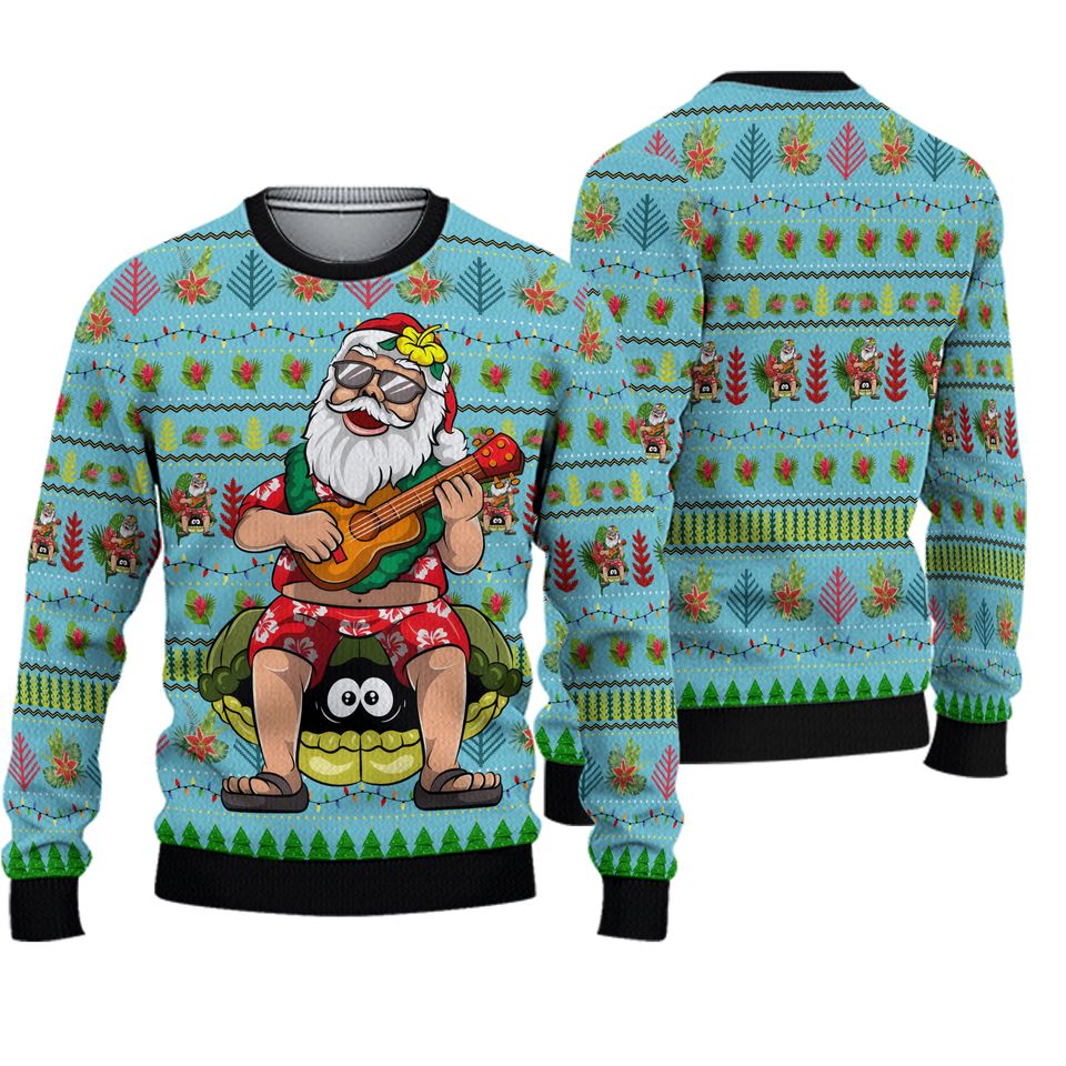 Hawaiian Xmas Santa Playing Ukulele And Turtle Sweater