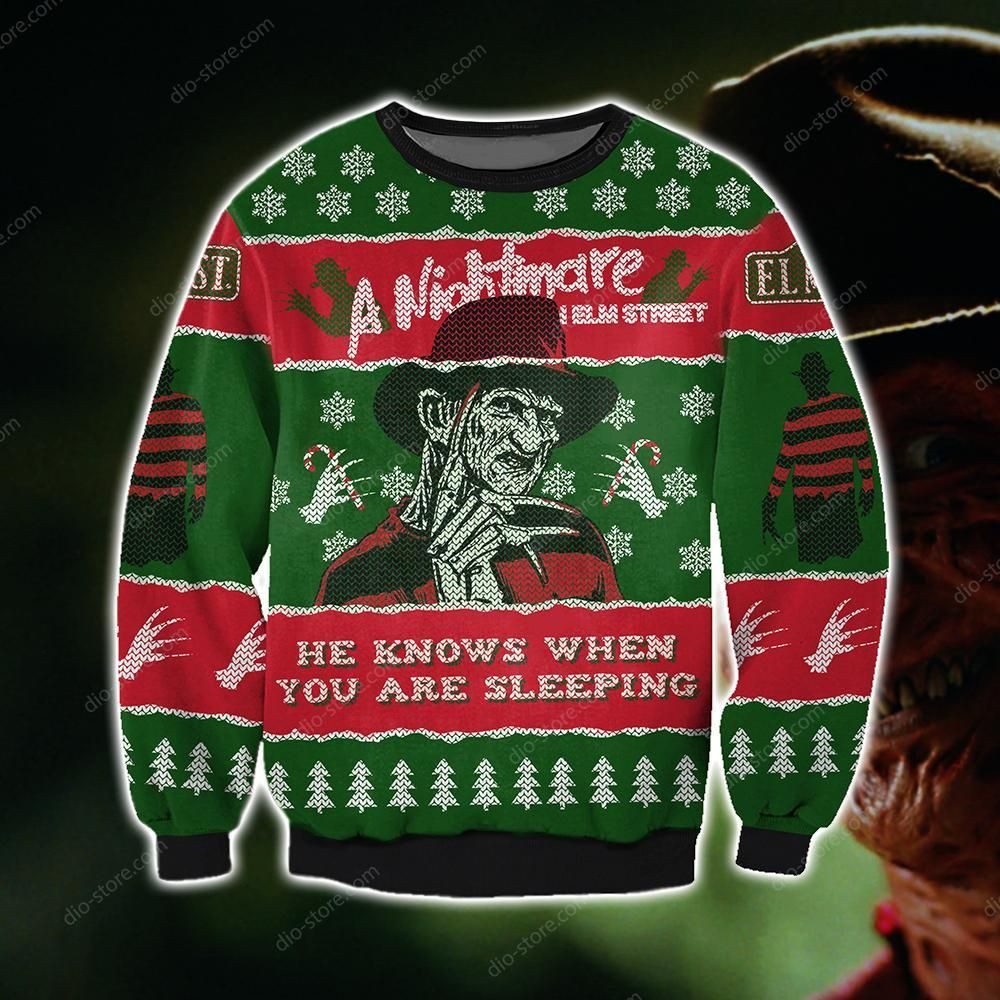 He Knows When You Are Sleeping, A Nightmare On Elm Street Knitting Pattern For Unisex Ugly Christmas Sweater Adult 3D Funny Matching for family