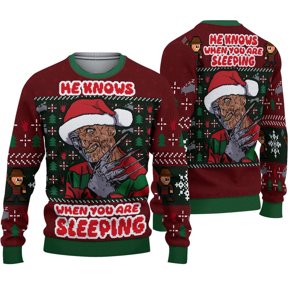 He Knows When You Are Sleeping Fred Claw Christmas Freddy Krueger Ugly Christmas Sweater
