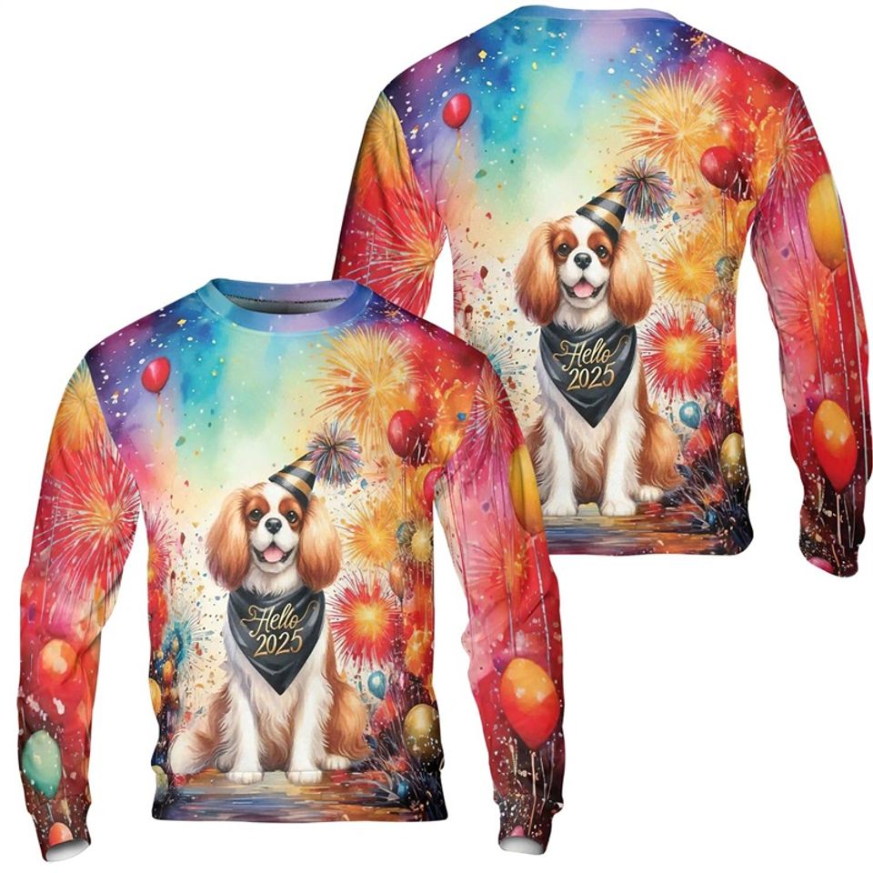 Hello 2025 Happy New Year Sweatshirt 3D Print, Dog Pattern Ugly Sweatshirts
