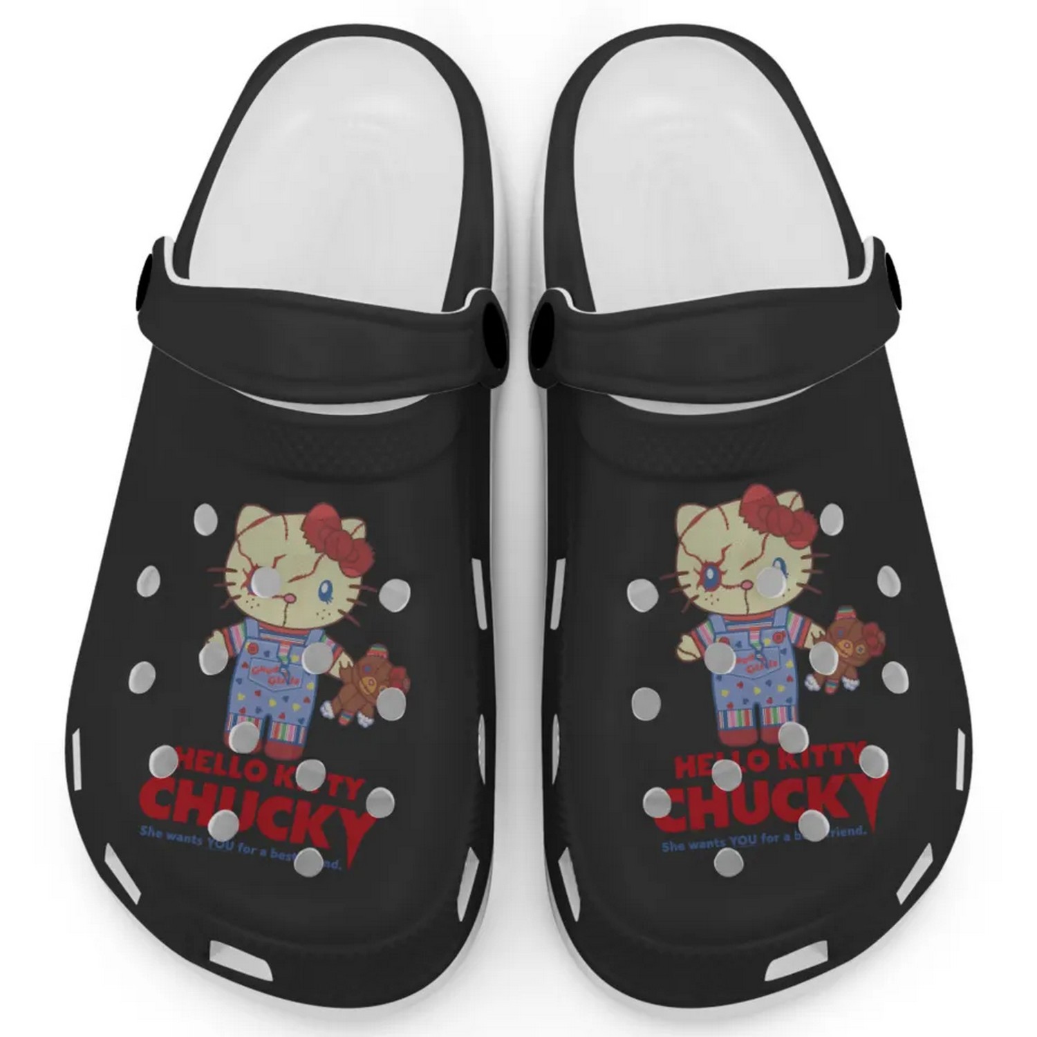 Hello Kitty Chucky Movie Black Crocs Crocband Clogs Shoes Comfortable For Men Women and Kids