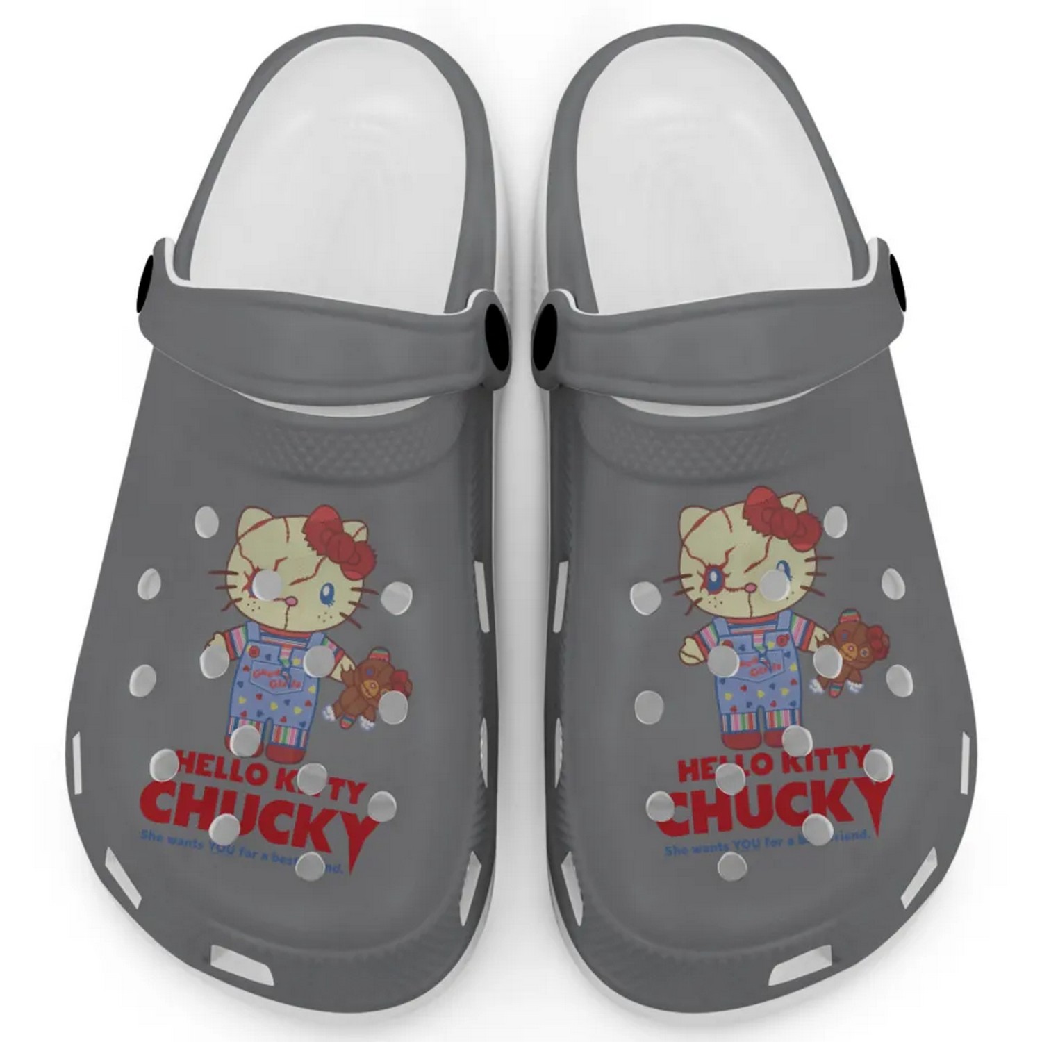 Hello Kitty Chucky Movie Gray Crocs Crocband Clogs Shoes Comfortable For Men Women and Kids