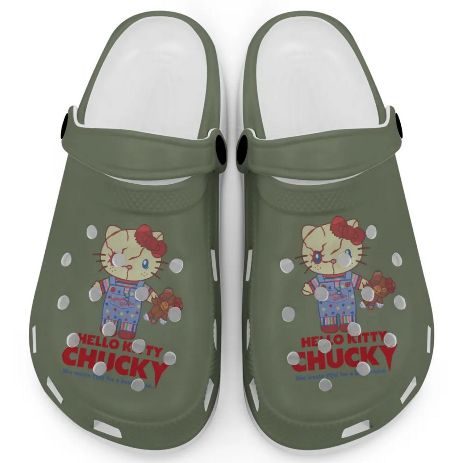 Hello Kitty Chucky Movie Hemp Crocs Crocband Clogs Shoes Comfortable For Men Women and Kids