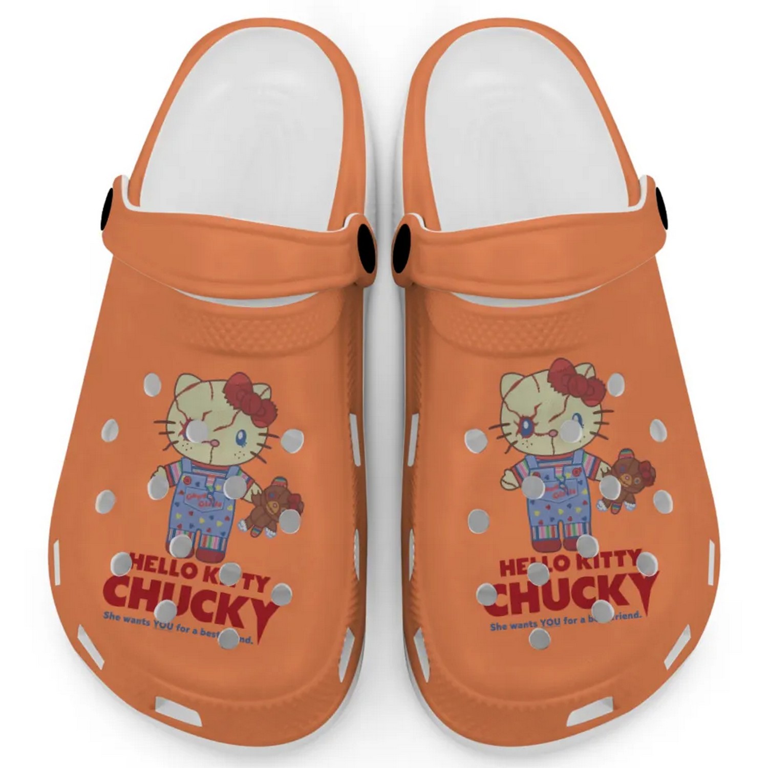 Hello Kitty Chucky Movie Orange Crocs Crocband Clogs Shoes Comfortable For Men Women and Kids