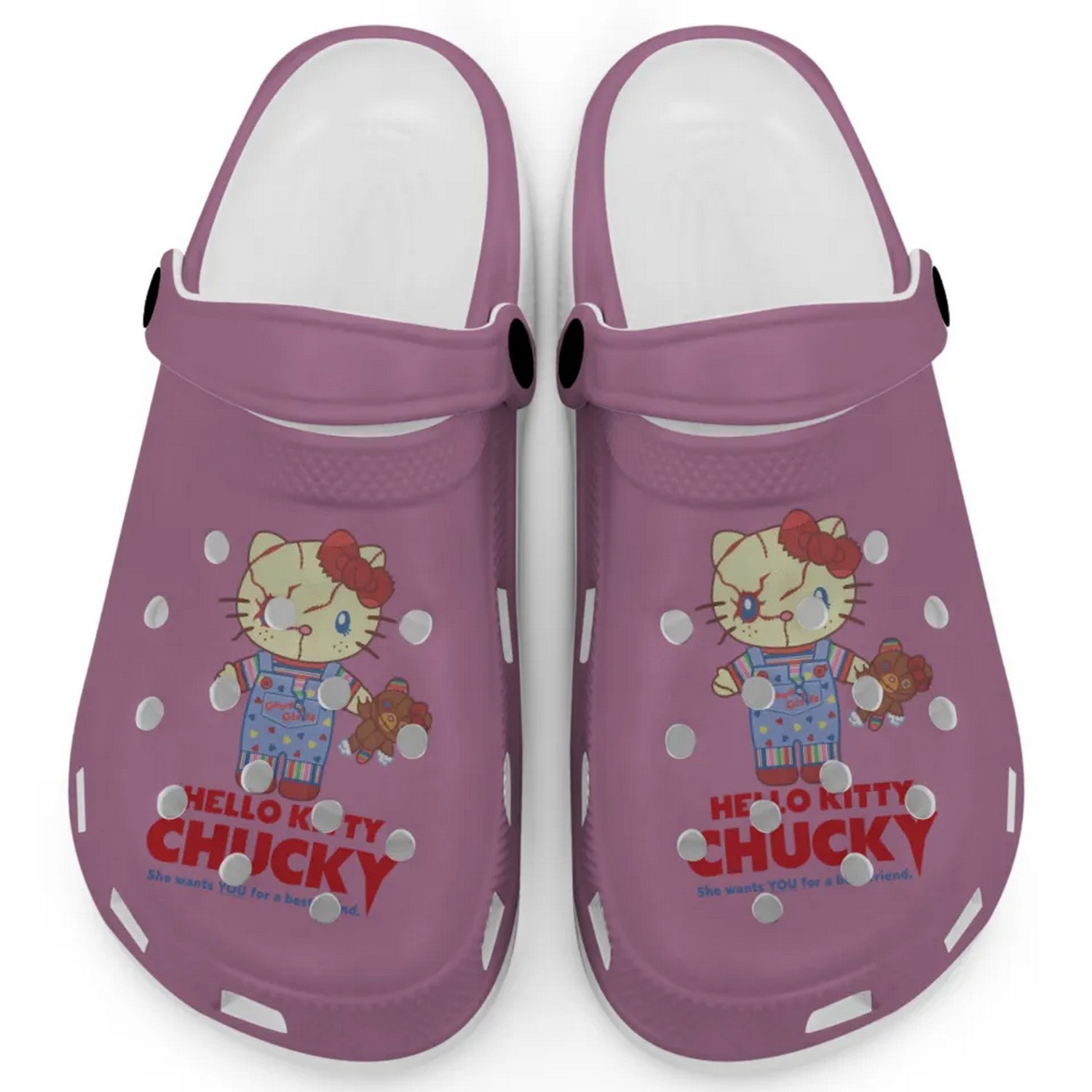 Hello Kitty Chucky Movie Violet Crocs Crocband Clogs Shoes Comfortable For Men Women and Kids