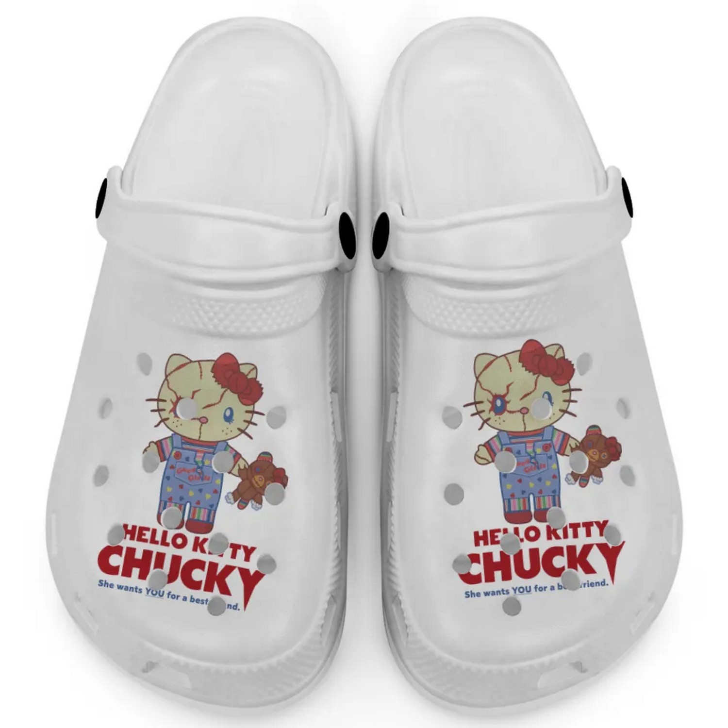 Hello Kitty Chucky Movie White Crocs Crocband Clogs Shoes Comfortable For Men Women and Kids
