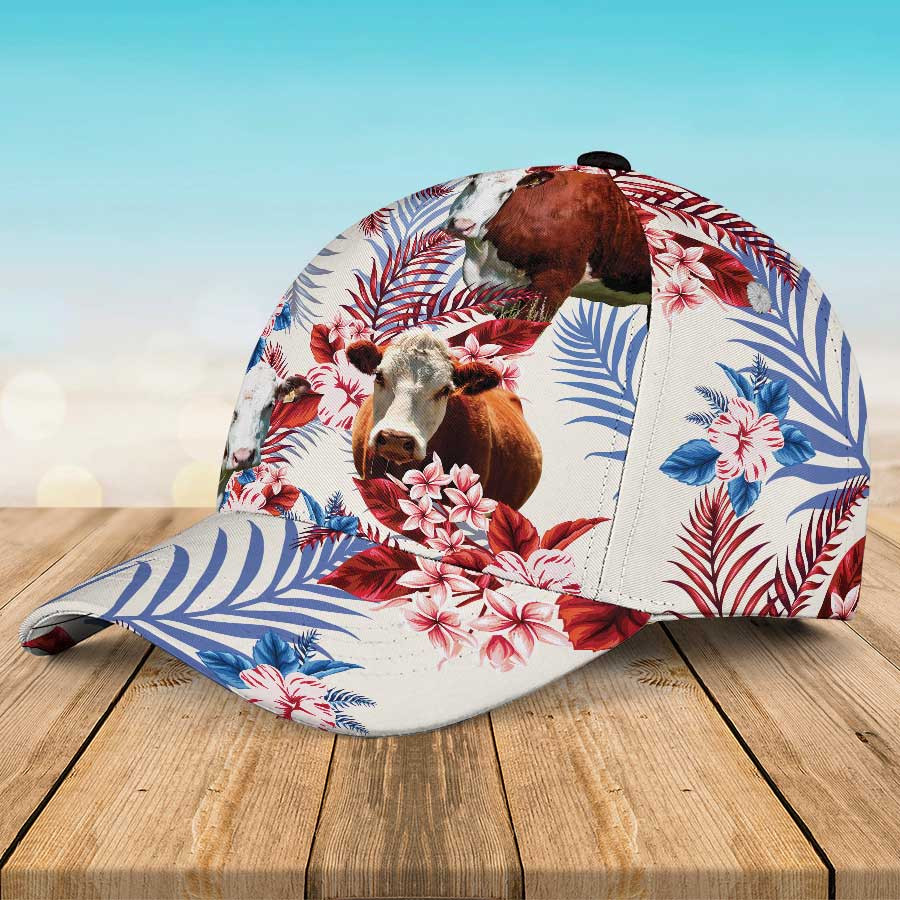 Hereford Cattle Lovers Hawaiian Hat, Hereford Cattle Cap, Cow Flower Aloha Summer Hat for Men & Women Trucker Hats Custom Hats Gifts For Men & Women