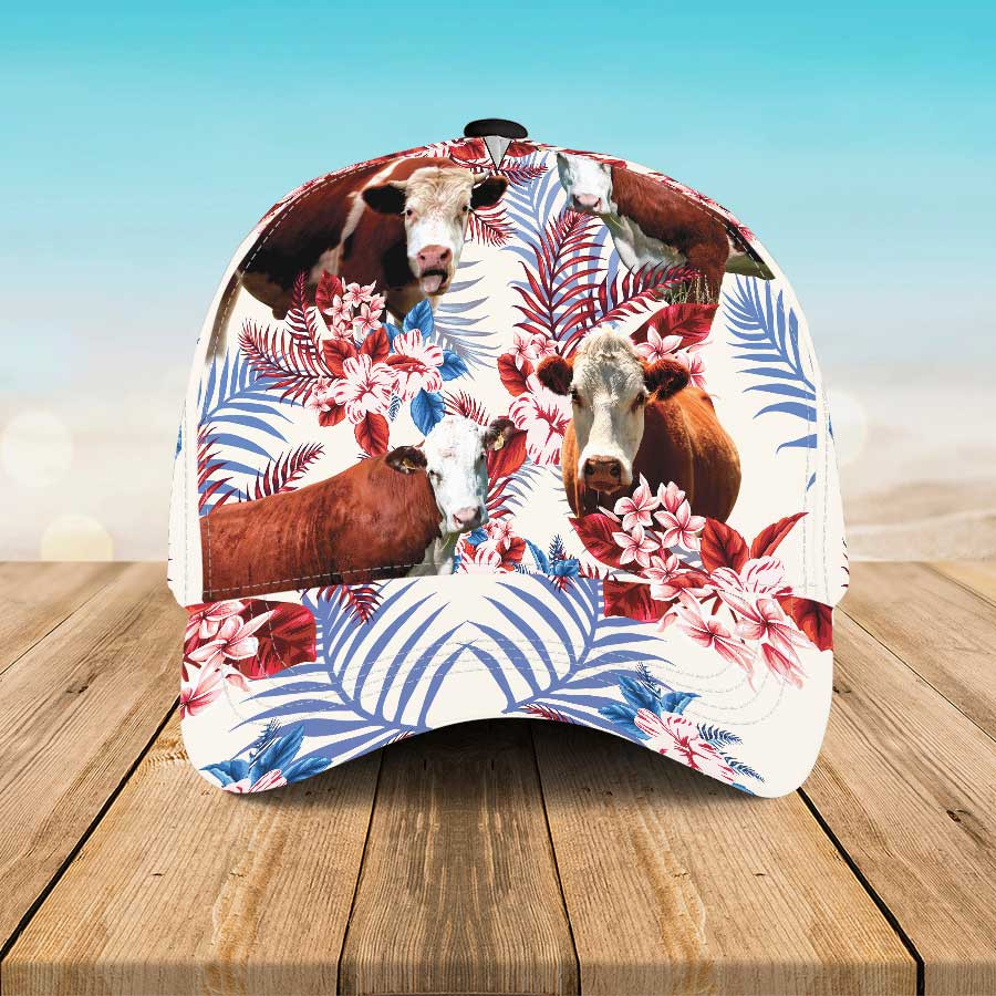 Hereford Cattle Lovers Hawaiian Hat, Hereford Cattle Cap, Cow Flower Aloha Summer Hat for Men & Women Trucker Hats Custom Hats Gifts For Men & Women