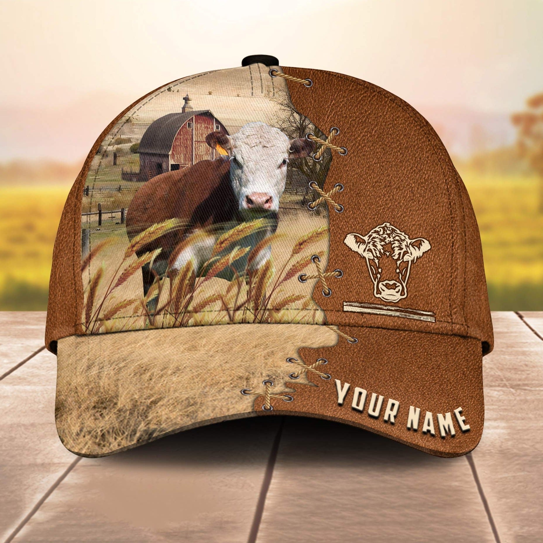 Hereford Custom Name Brown Leather Pattern 3D Cap 3D All Over Print Baseball Cap, Cap For Farm Lovers, Animal Cap, Leather Pattern Cap Trucker Hats Custom Hats Gifts For Men & Women