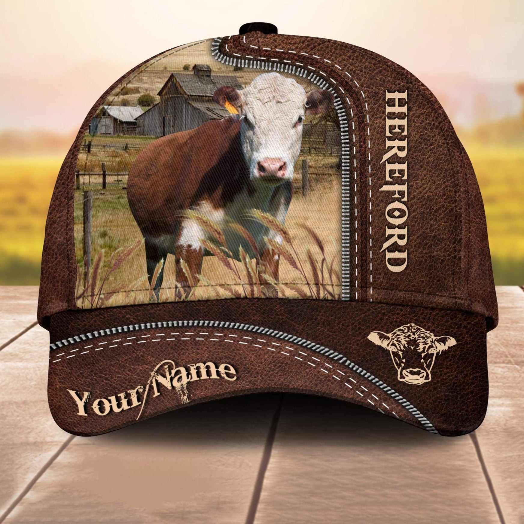 Hereford Customized Name Leather Pattern 3D Cap 3D All Over Print Baseball Cap, Cap For Farm Lovers, Animal Cap, Leather Pattern Cap Trucker Hats Custom Hats Gifts For Men & Women