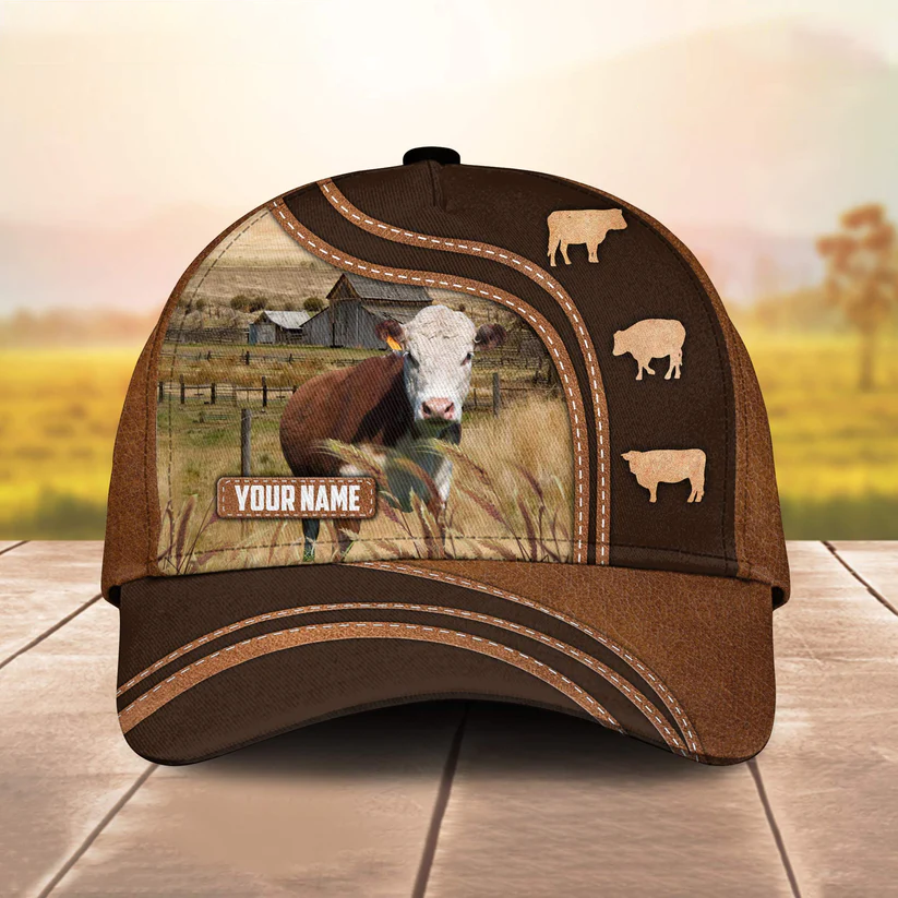 Hereford Leather Brown Pattern Customized Name Cap Trucker Hats Custom Hats Gifts For Men & Women