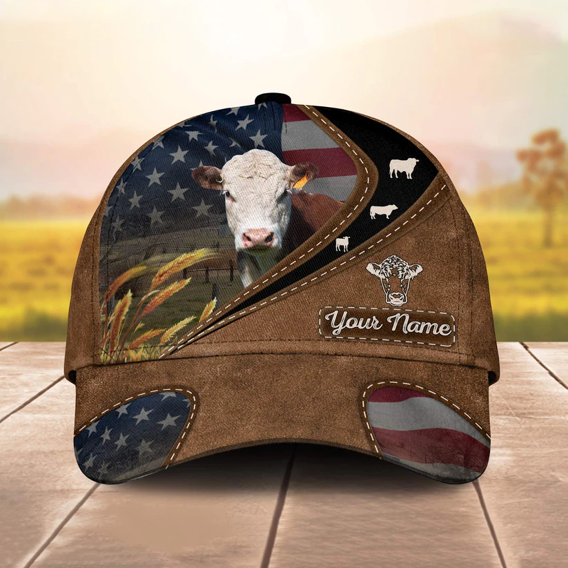 Hereford Leather Pattern American Customized Name Cap Trucker Hats Custom Hats Gifts For Men & Women
