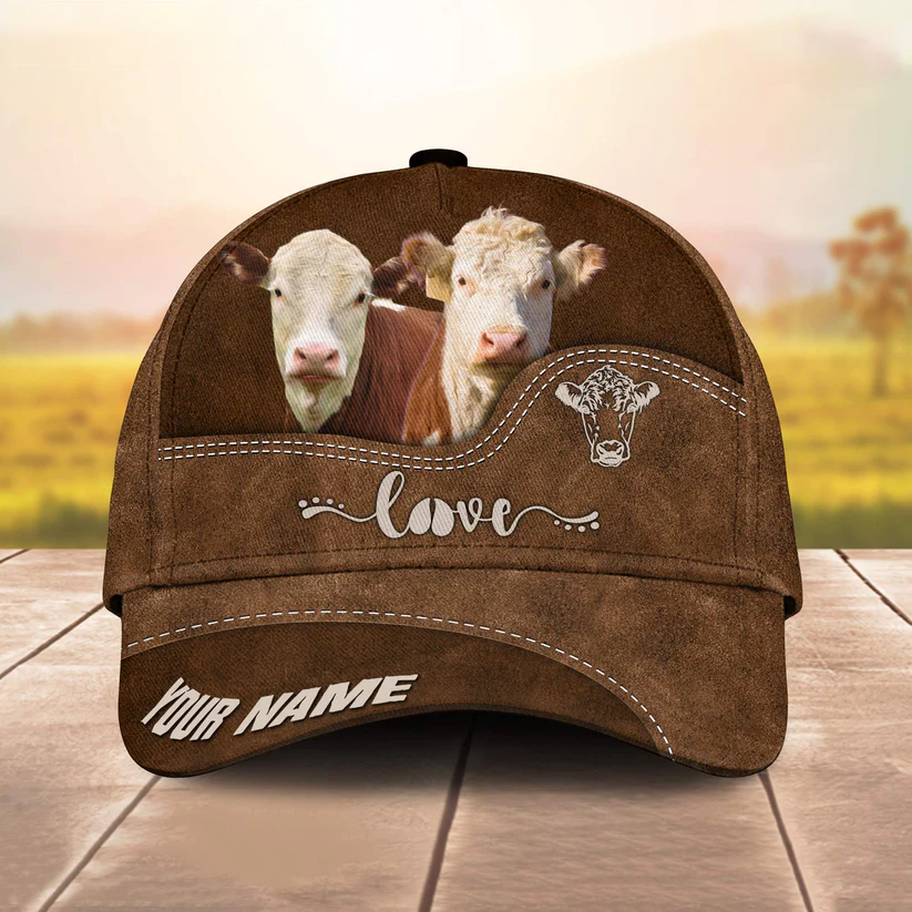 Hereford Love Leather Pattern Customized Name Cap Trucker Hats Custom Hats Gifts For Men & Women