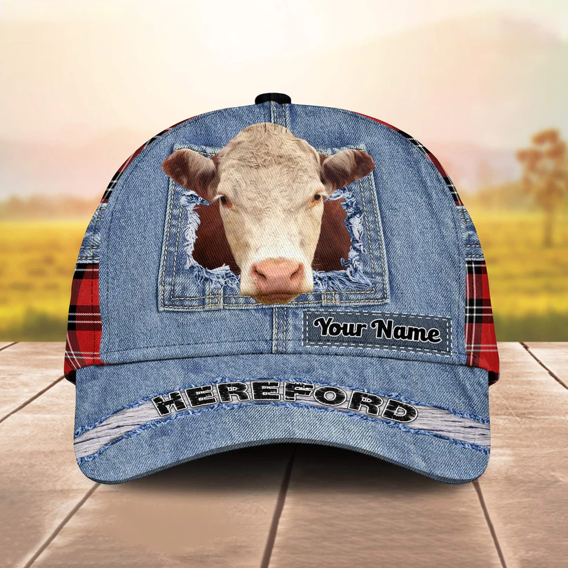Hereford Overall Jeans Pattern And Red Caro Pattern Customized Name Cap Trucker Hats Custom Hats Gifts For Men & Women