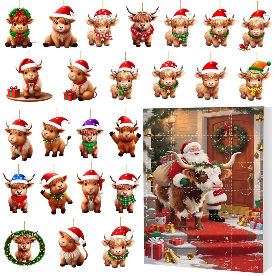 Highland Cow Advent Calendar 2025, 24 Day Cow Figurines With 14 Style Box: Vintage Christmas Ornament Countdown