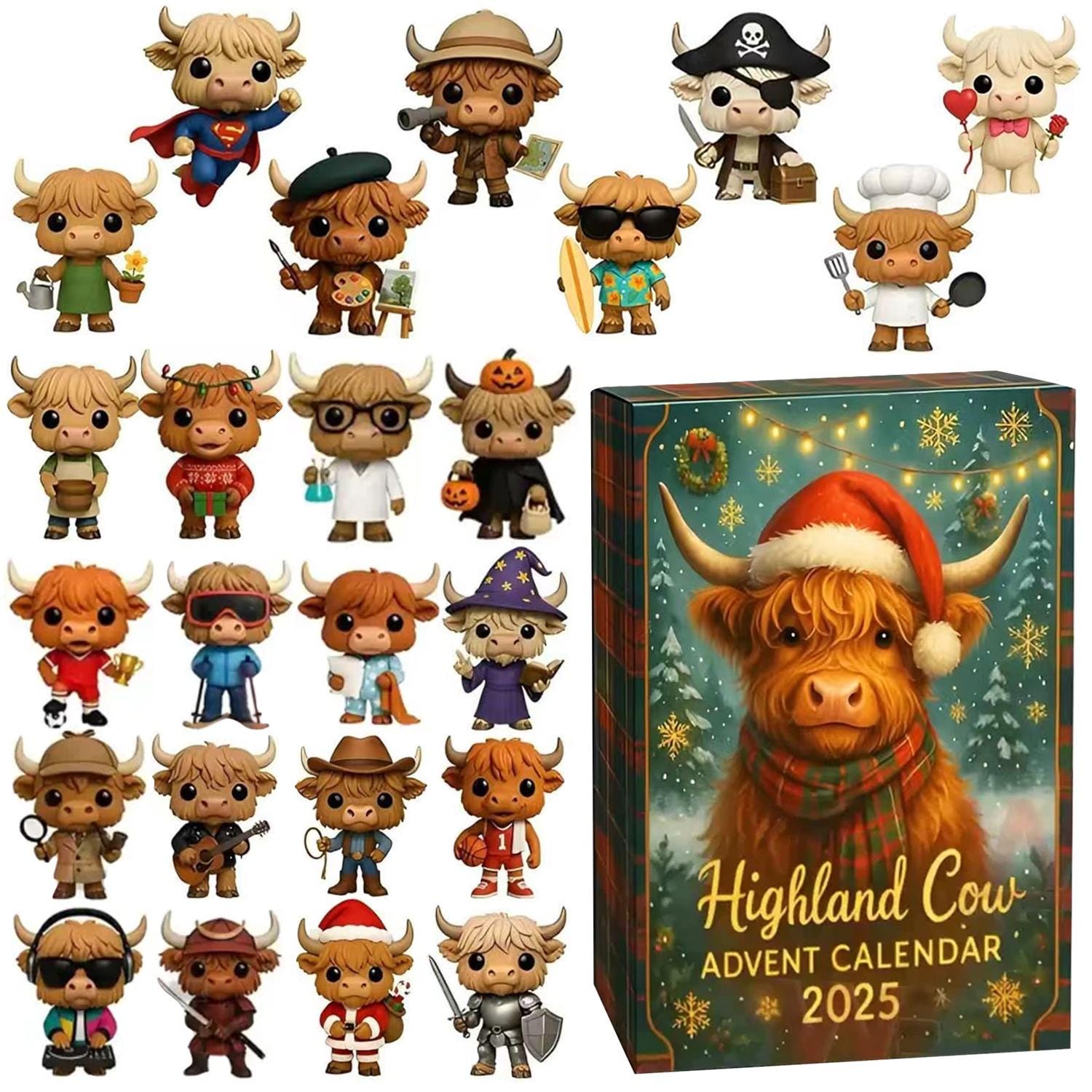 Highland Cow Advent Calendar 2025, 24 Day Highland Cow Figurines : Vintage Christmas Ornament Countdown - Image 3