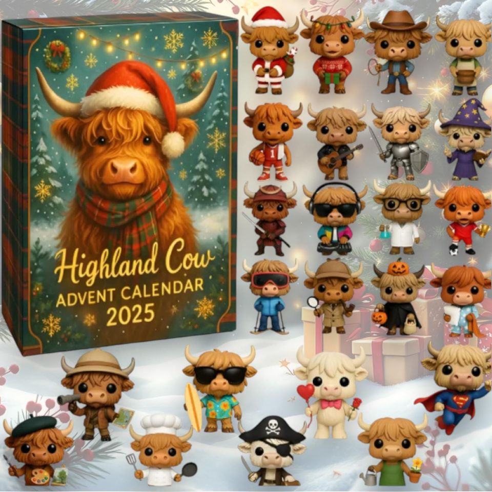 Highland Cow Advent Calendar 2025, 24 Days of Cute Cow Figures, Christmas Countdown Gift
