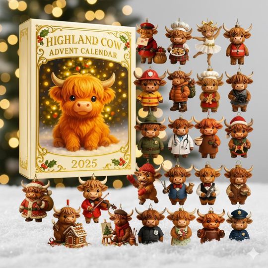 Highland Cow Advent Calendar 2025 24 Mini Figurine Ornaments Set Acrylic Ornament 2D Flat - Image 6