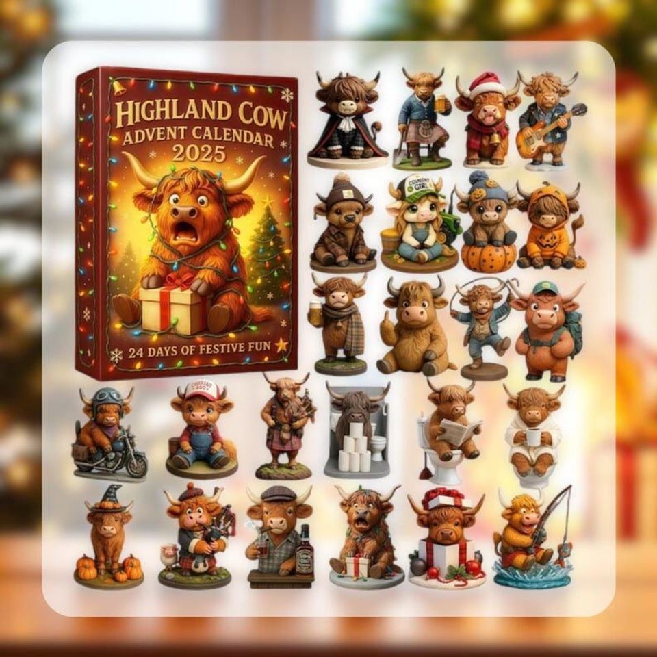 Highland Cow Advent Calendar 2025, 24 Resin Mini Cows, Farmhouse Christmas Countdown Set