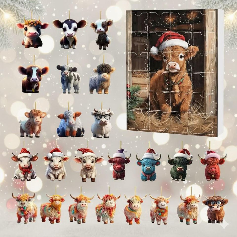Highland Cow Advent Calendar | 24PCS Acrylic Cow Ornaments | Cute Animal Christmas Countdown | Christmas Gift