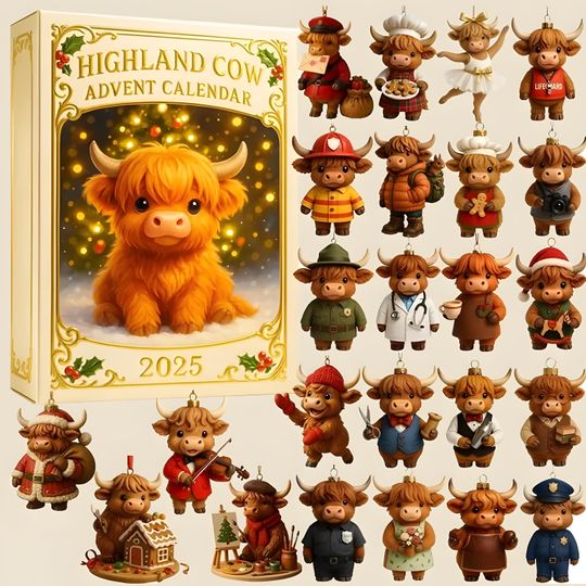 Highland Cow Advent Calendar Ornament 2025, 24 Days Christmas Countdown, Farm Animal Figurines Set - Image 14
