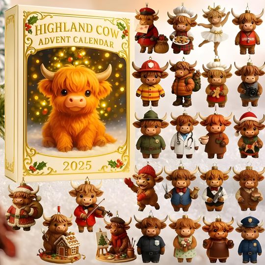 Highland Cow Advent Calendar Ornament 2025, 24 Days Christmas Countdown, Farm Animal Figurines Set - Image 11