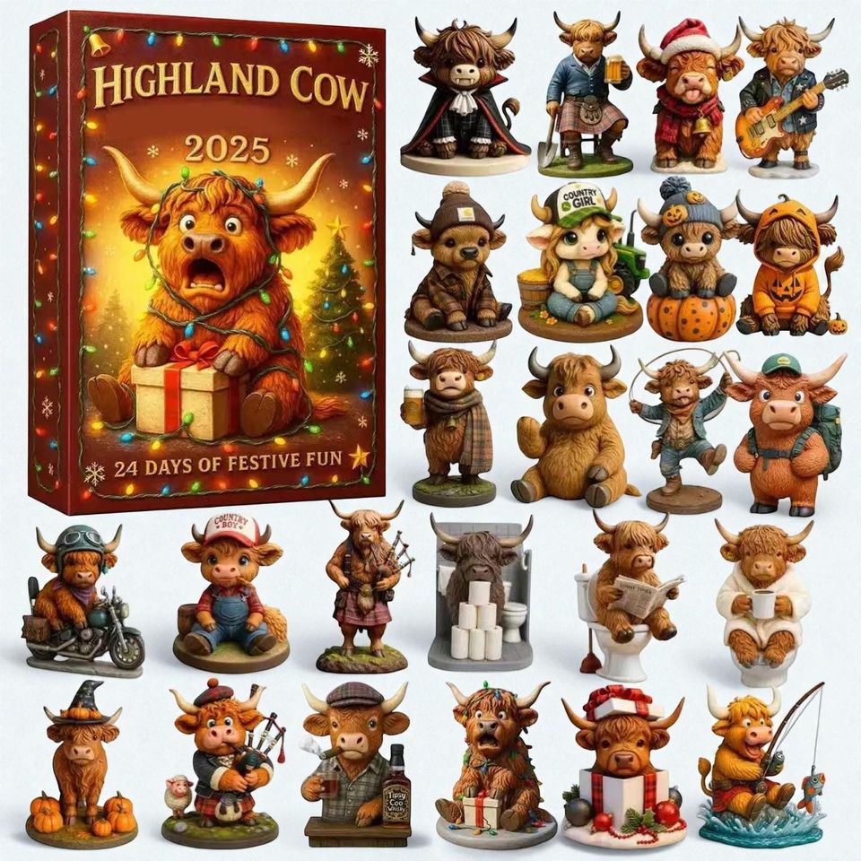 Highland Cow Christmas Advent Calendar 24 days: 3D Christmas Tree Decorations