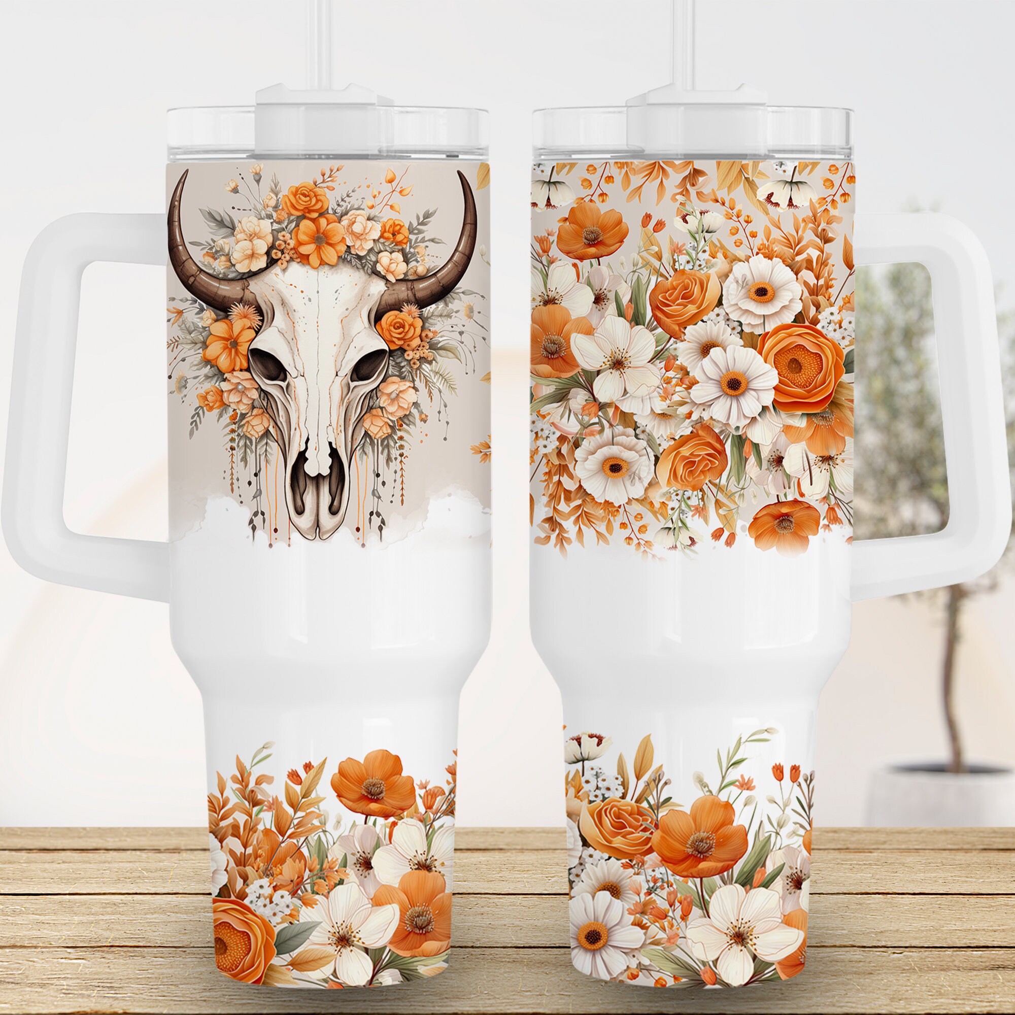 Highland Cow Skull White And Orange Flowers Custom Stanley Cup 40 oz 30 oz Tumbler With HandleTVC2301960