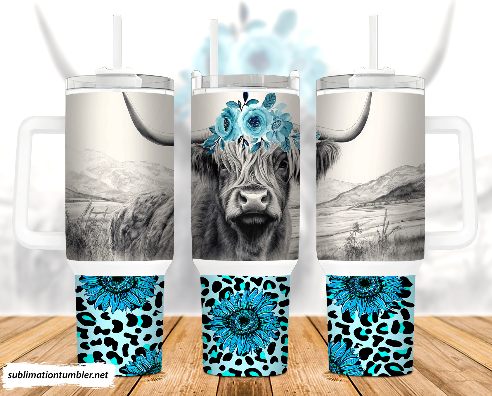Highland Cow Teal Sunflower Custom Stanley Cup 40 oz 30 oz Tumbler With HandleTVC2301902