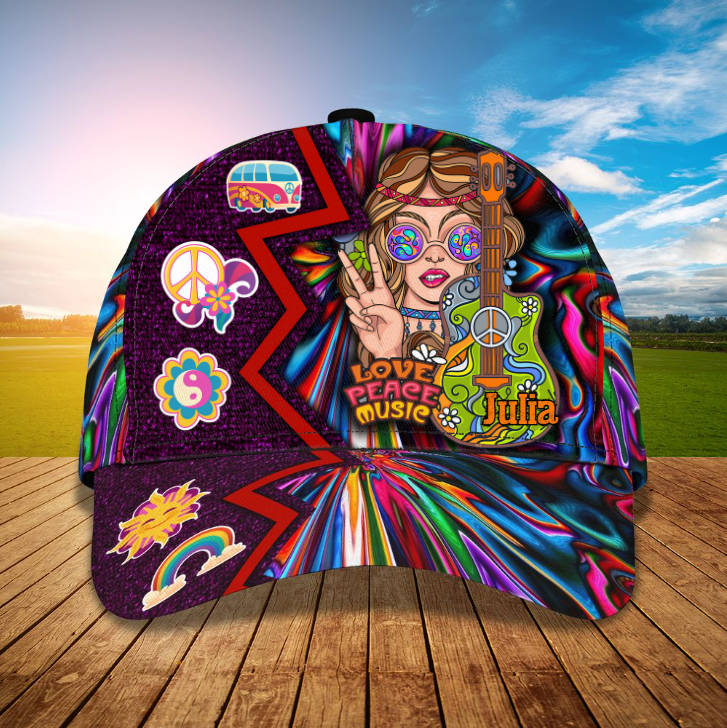Hippie Cap, Personalized Hippie 3D Classic Cap for Men, Women, Custom Name Hat for Boy, Girl, Hippie Lovers Trucker Hats Custom Hats Gifts For Men & Women