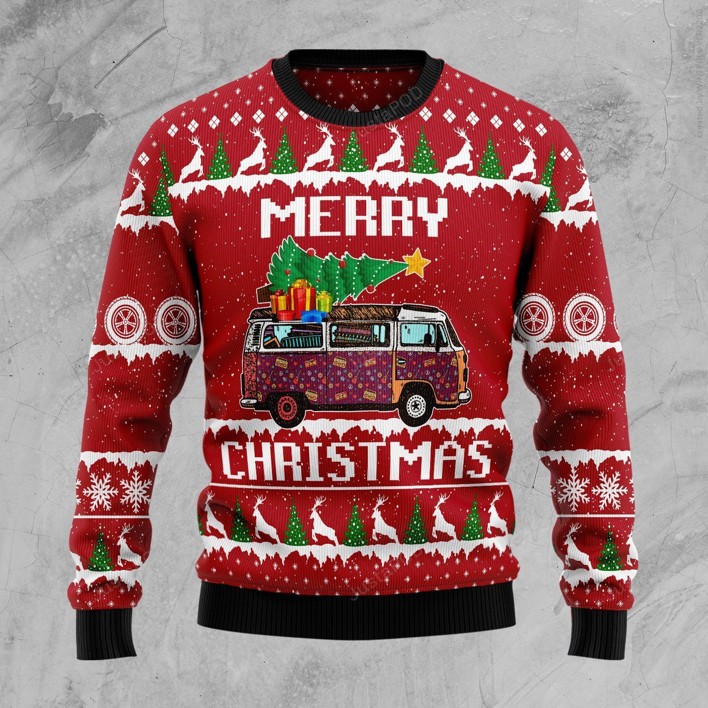 Hippie Car Merry Christmas For Unisex Ugly Christmas Sweater Adult 3D Funny Matching for family