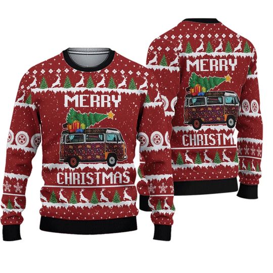 Hippie Car Merry Christmas Ugly Christmas Sweater - Image 2