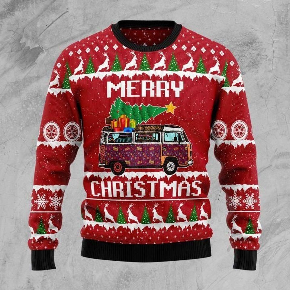 Hippie Car Ugly Christmas Sweater US1462, Knitted Ugly Christmas Sweater