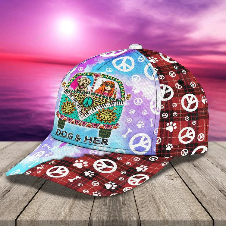 Hippie Dog Personalized Hippie Cap - Dog and Her 3D Cap for Hippie Lovers Trucker Hats Custom Hats Gifts For Men & Women