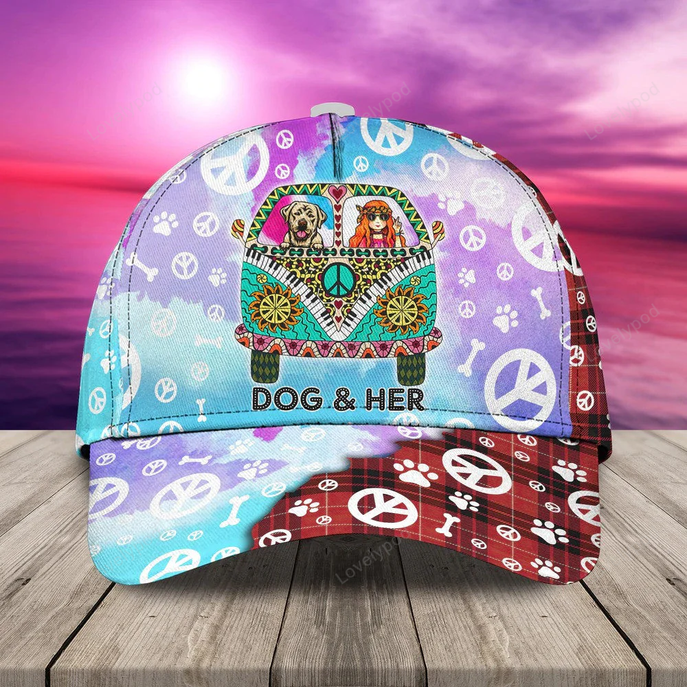 Hippie Dog Personalized Hippie Cap - Dog and Her 3D Cap for Hippie Lovers Trucker Hats Custom Hats Gifts For Men & Women
