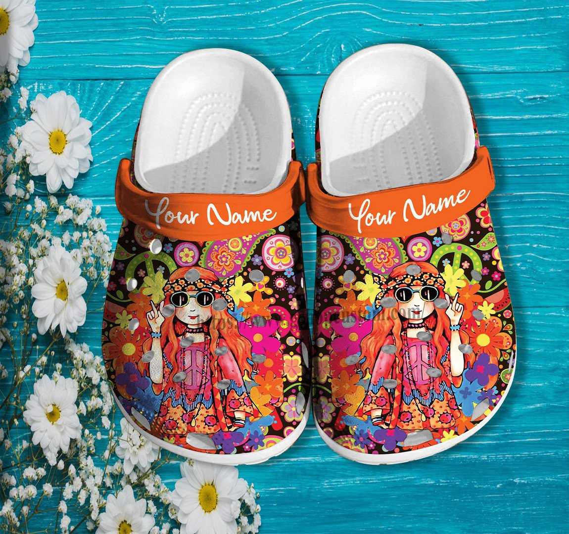 Hippie Girl Peace Orange Shoes Birthday Gift Daughter Niece- Hippie Flower Peace Girl Shoes Croc Clogs Customize