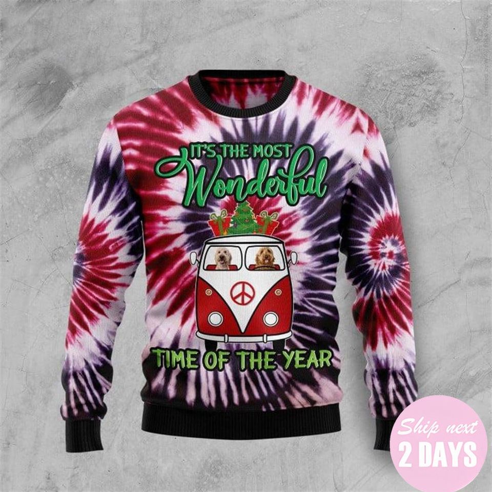 Hippie Goldendoodle Tie Dye Ugly Christmas Sweater Custom Ugly Sweater