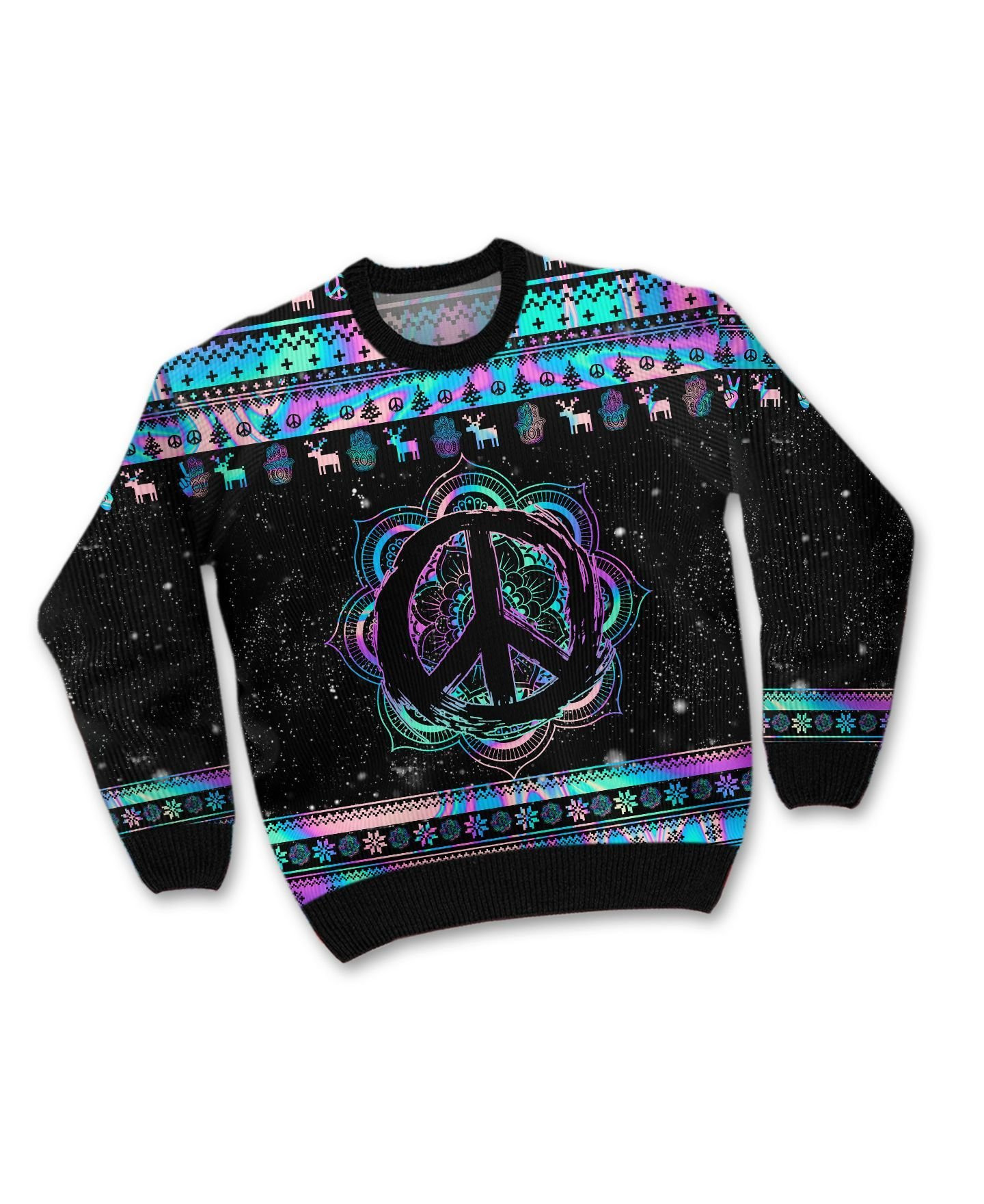 Hippie Holographic Mandala Peace Sign For Hippie Lovers Ugly Christmas Sweater Adult 3D Funny Matching for family - Image 4