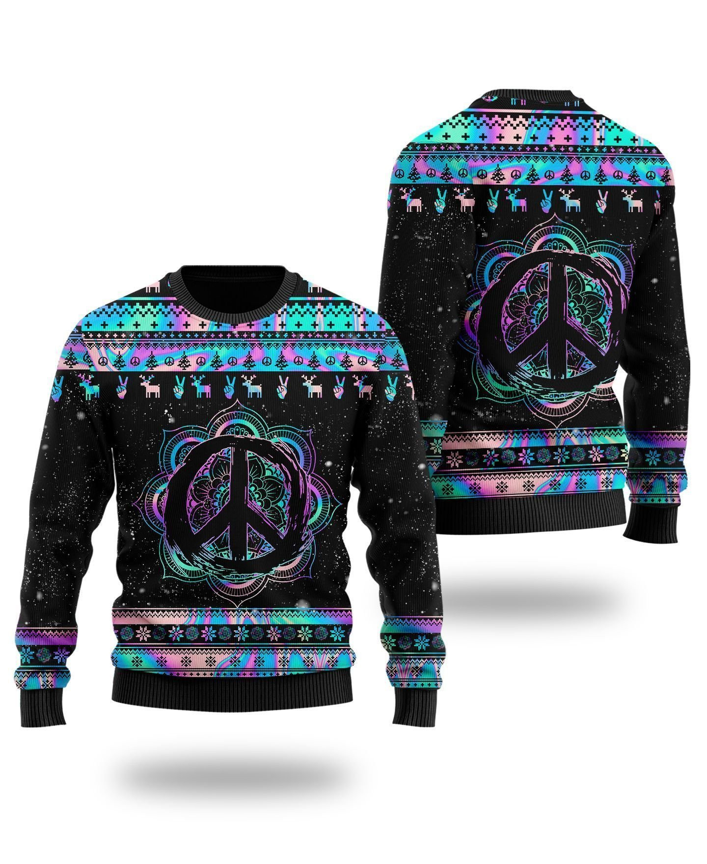 Hippie Holographic Mandala Peace Sign For Hippie Lovers Ugly Christmas Sweater Adult 3D Funny Matching for family