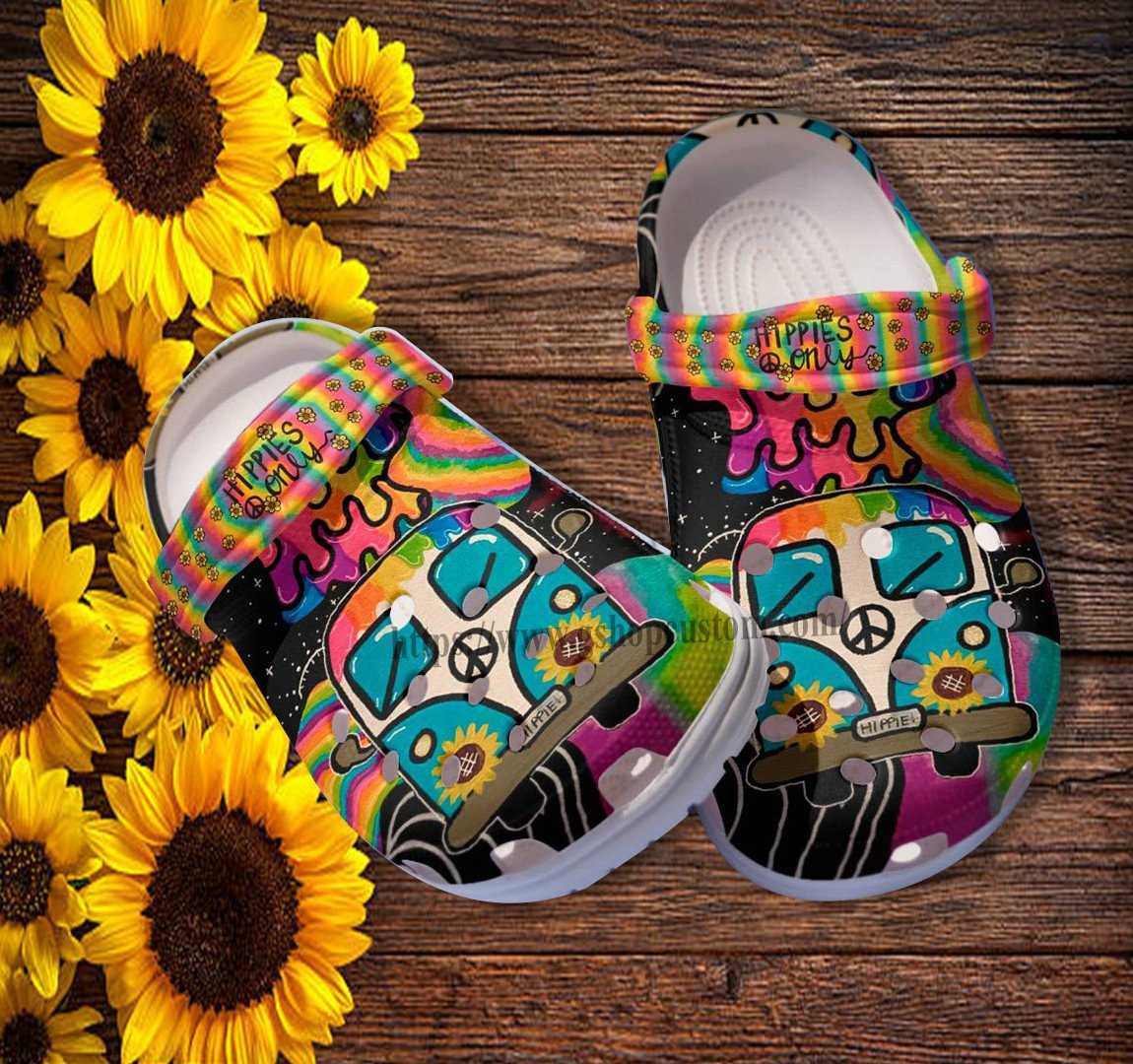 Hippie Only Bus Peace Croc Shoes Gift Aunt- Peace Love Hippie Rainbow Shoes Croc Clogs