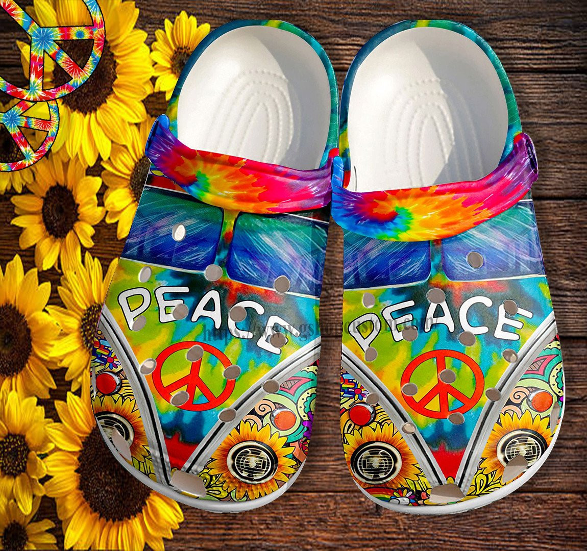 Hippie Peace Bus Sunflower Croc Shoes- Rainbow Sunflower Peace Symbol Shoes Croc Clogs Gift Birthday Girl