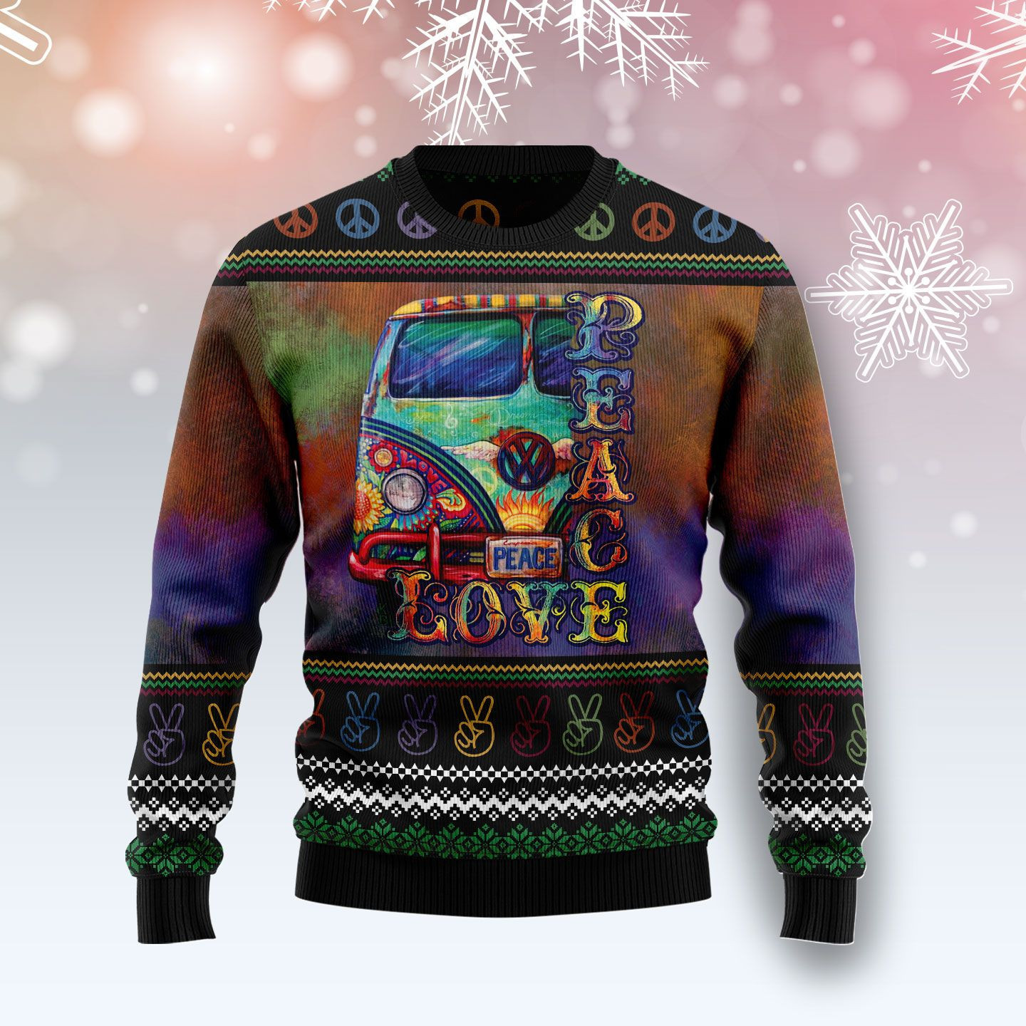 Hippie Peace Love Ugly Christmas Sweater Adult 3D Funny Matching for family