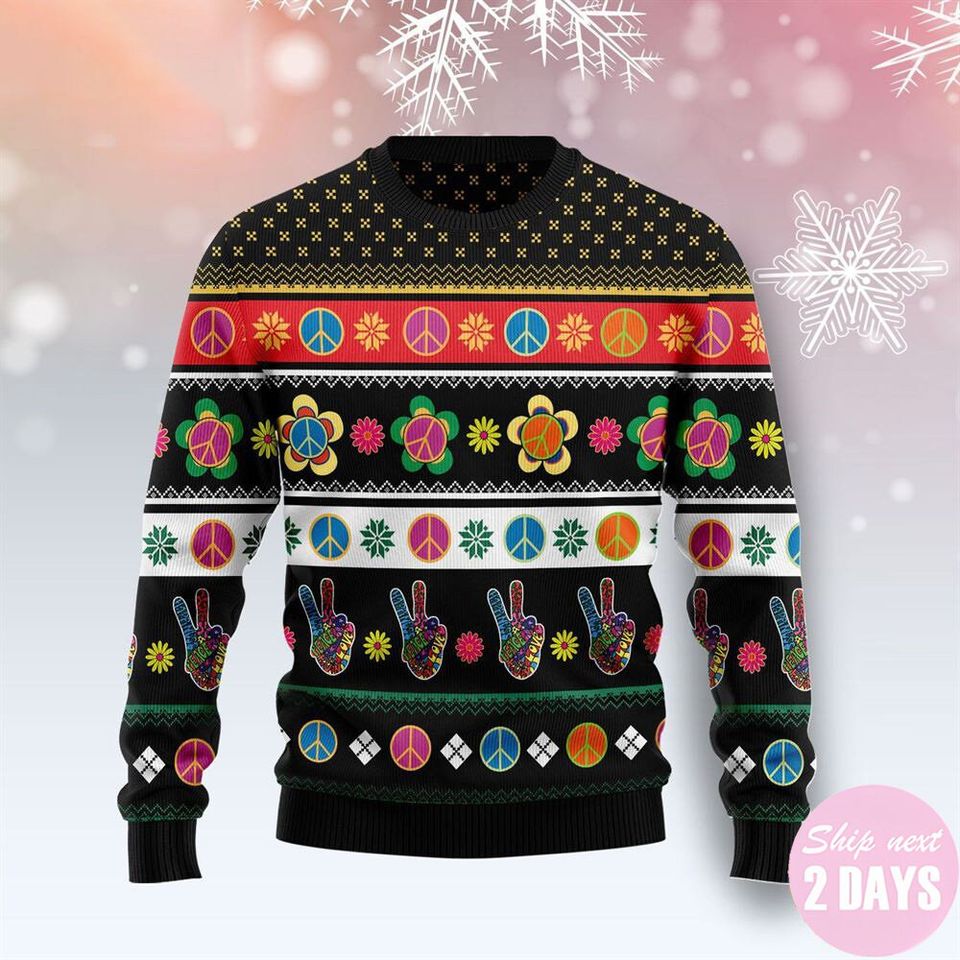 Hippie Peace Sign Ugly Christmas Sweater For Men & Women Adult Ugly Sweater