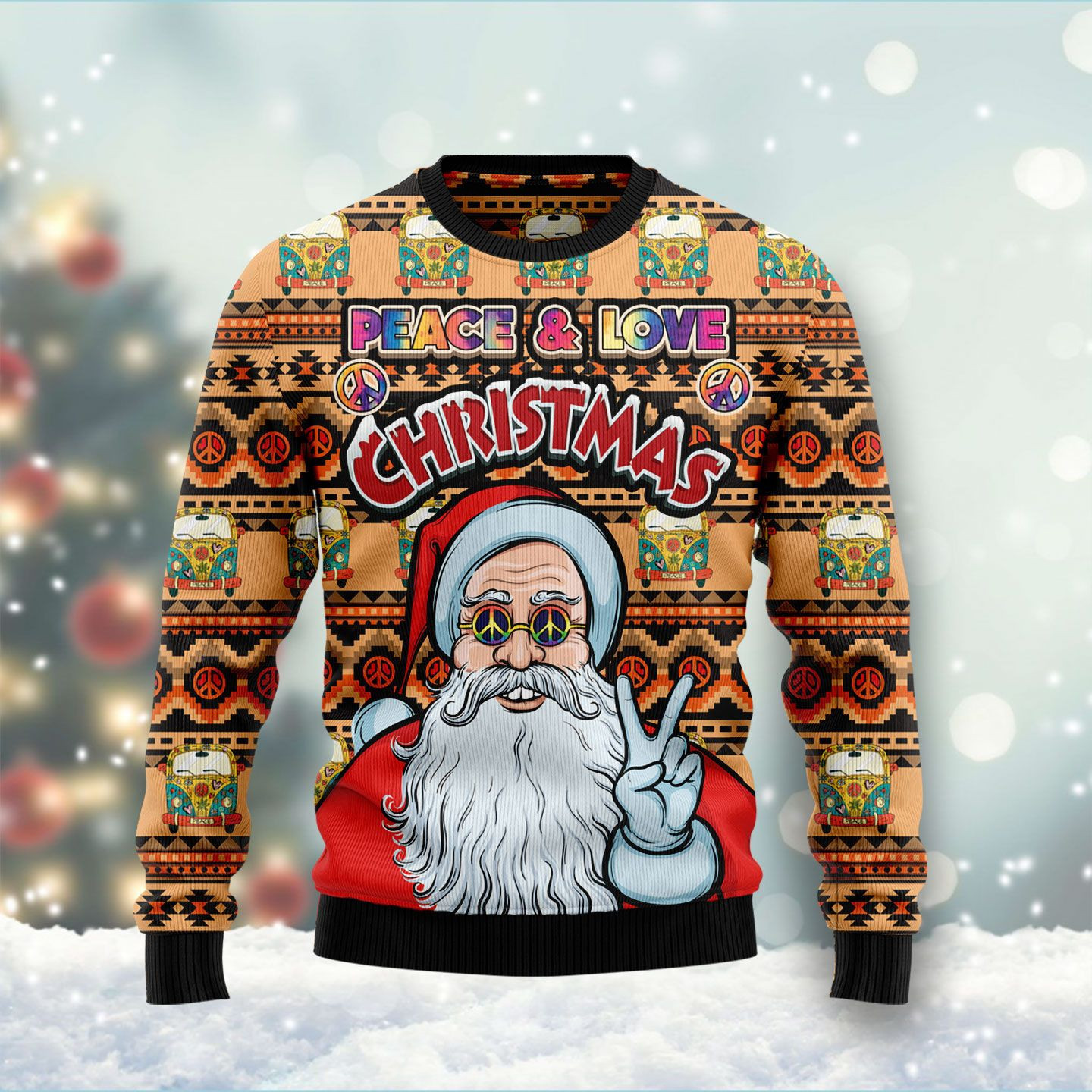 Hippie Santa Claus Peace And Love Ugly Christmas Sweater Adult 3D Funny Matching for family