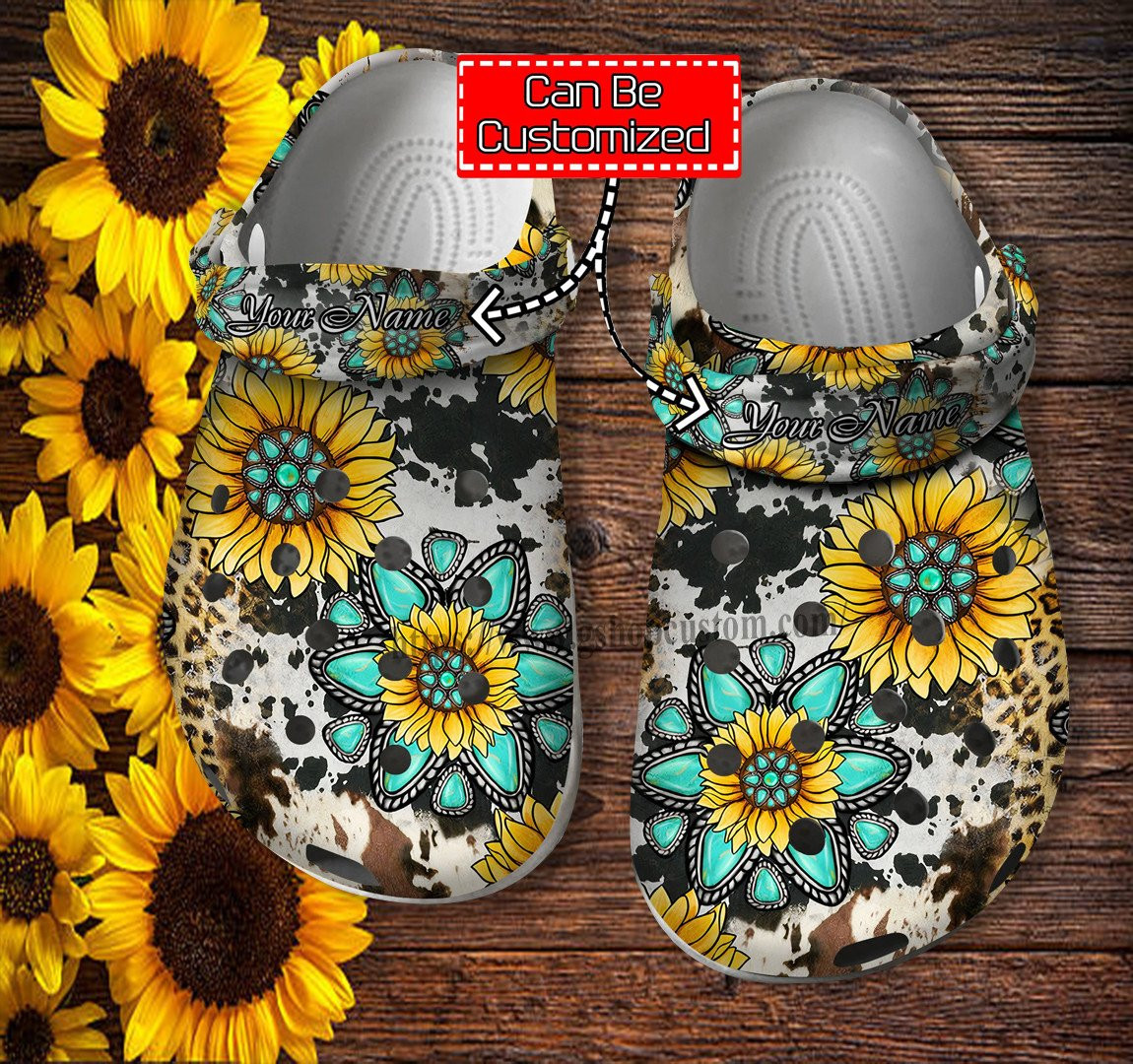 Hippie Sunflower Leopard Cow Skin Shoes Gift Women Daughter- Sunflower God Bless Boho Shoes Croc Clogs Customize