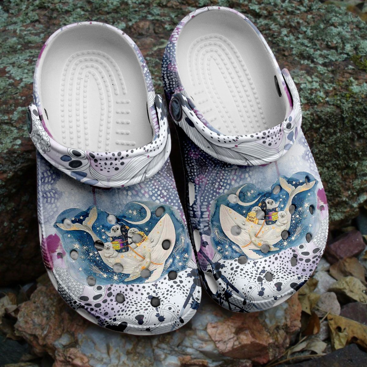 Hippie White Whale With Baby Seal Magic Ocean Shoes - Funny Cartoon Sea Shoes Crocbland Clog Birthday Gifts For Girl
