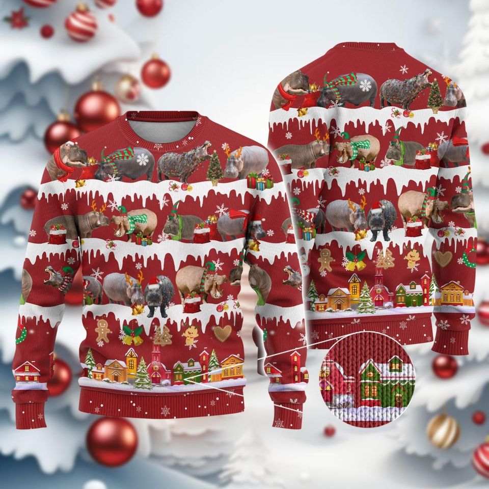 Hippo Christmas Ugly Sweater, Moo Deng Xmas Ugly Sweatshirt
