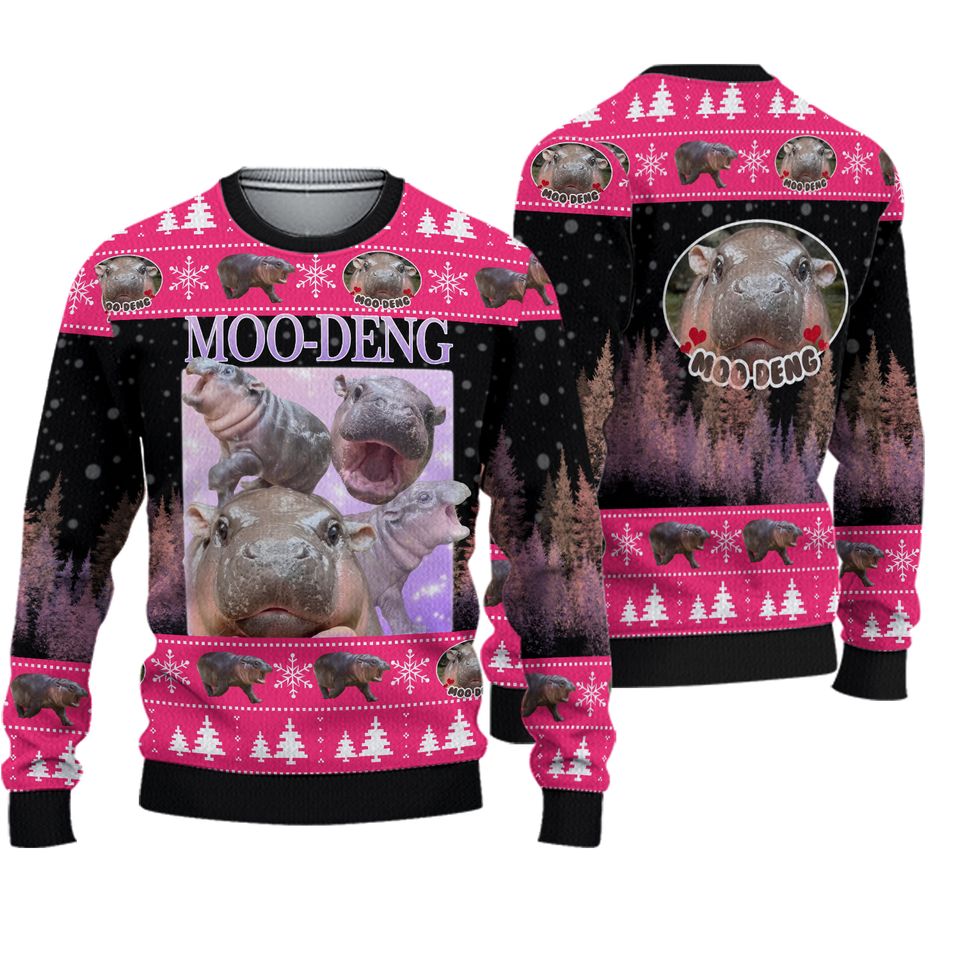 Hippo Moo Deng Christmas Sweater, Hippopotamus Ugly Xmas Sweater